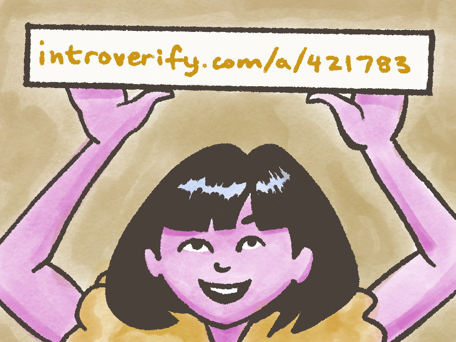 An artist holding up her own intro page address